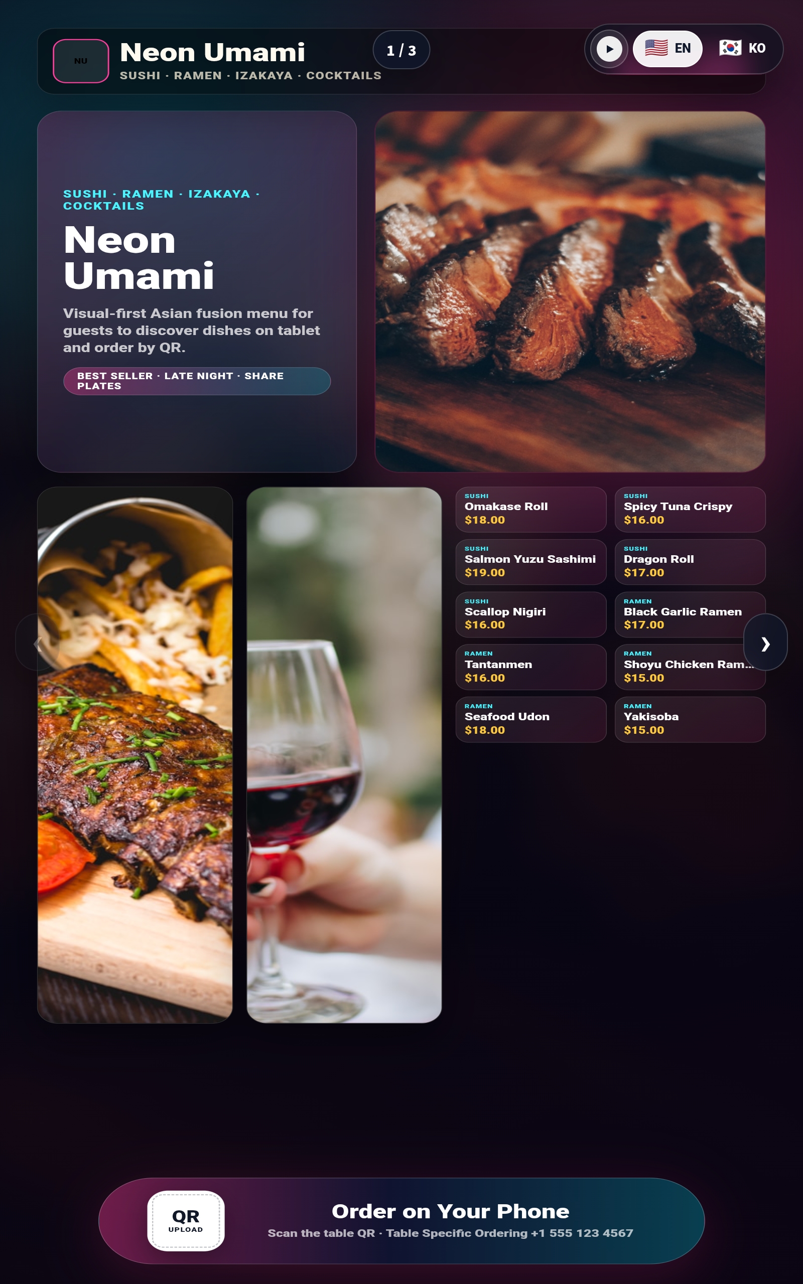 Neon Umami Asian fusion tablet menu board page 1