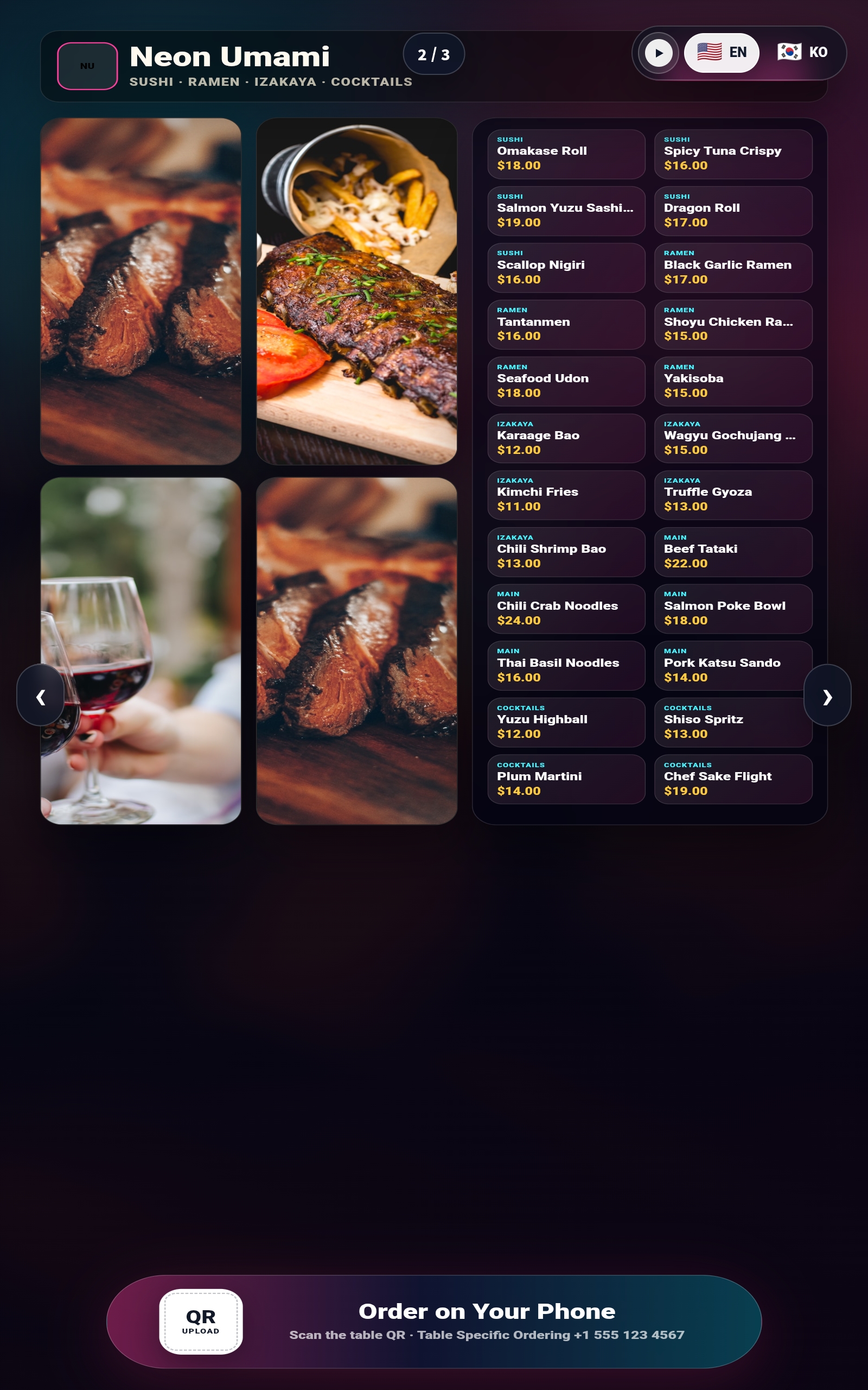Neon Umami Asian fusion tablet menu board page 2