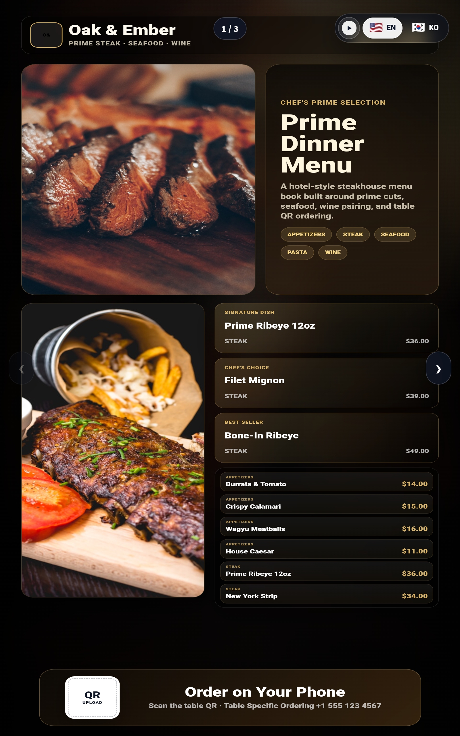 Oak and Ember steakhouse tablet menu board page 1