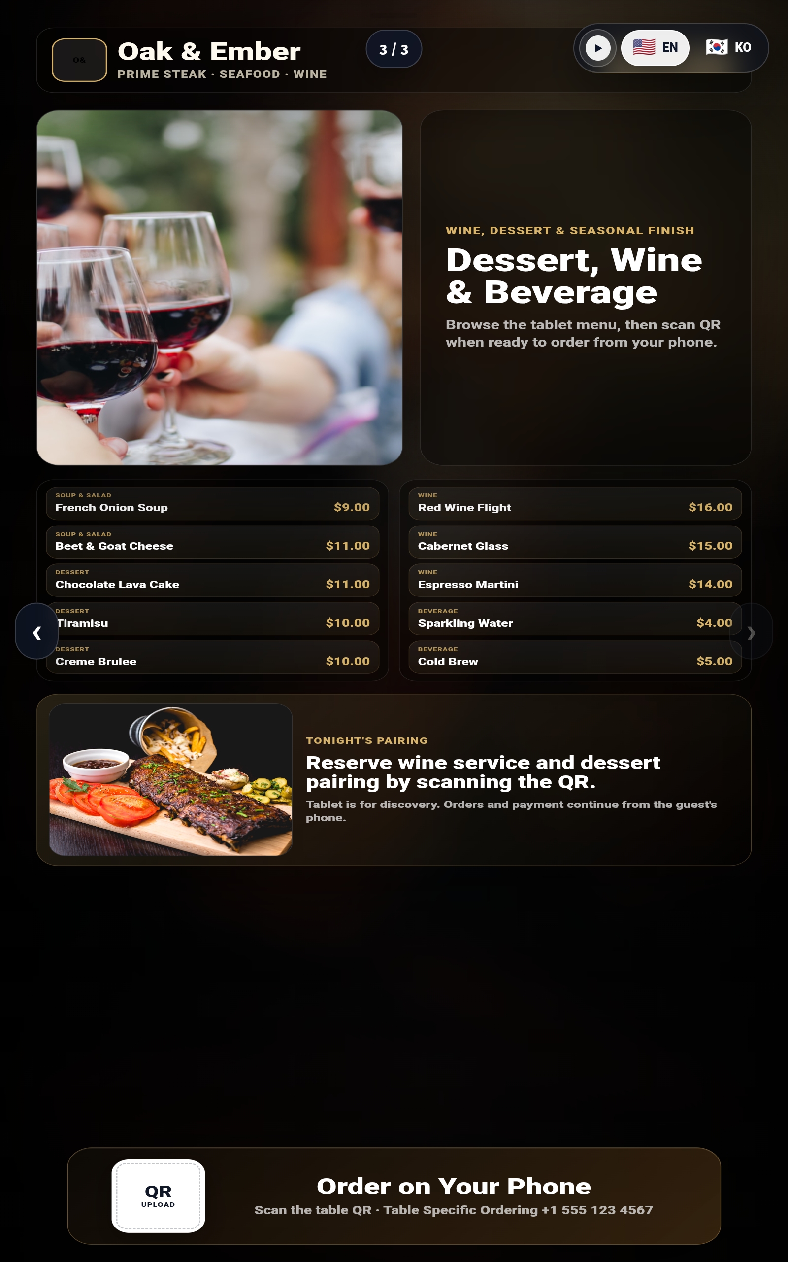 Oak and Ember steakhouse tablet menu board page 3