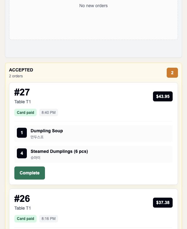 Restaurant admin order dashboard showing accepted orders and totals