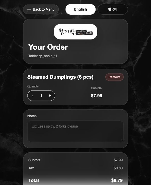 Mobile cart review screen with subtotal, tax, total, and pay by card button