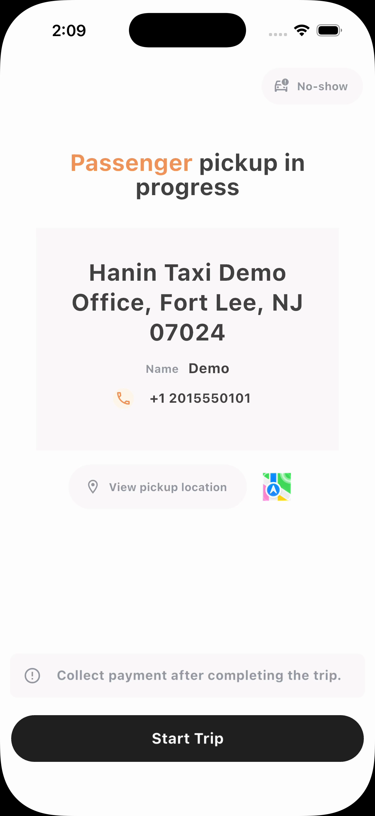 Hanin Taxi driver app showing an assigned trip and the next driver action