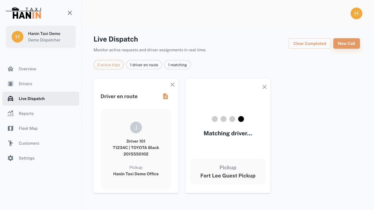 Hanin Taxi operator dashboard showing active trips, driver assignment, and matching status