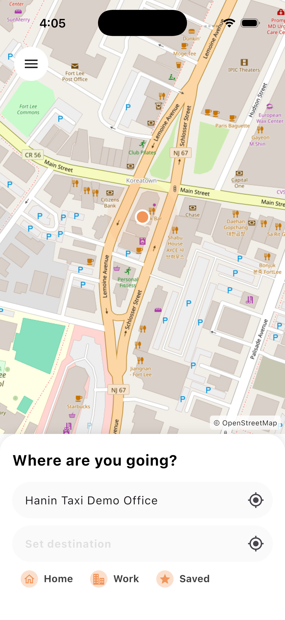 Hanin Taxi rider app showing a current-location pickup and destination entry