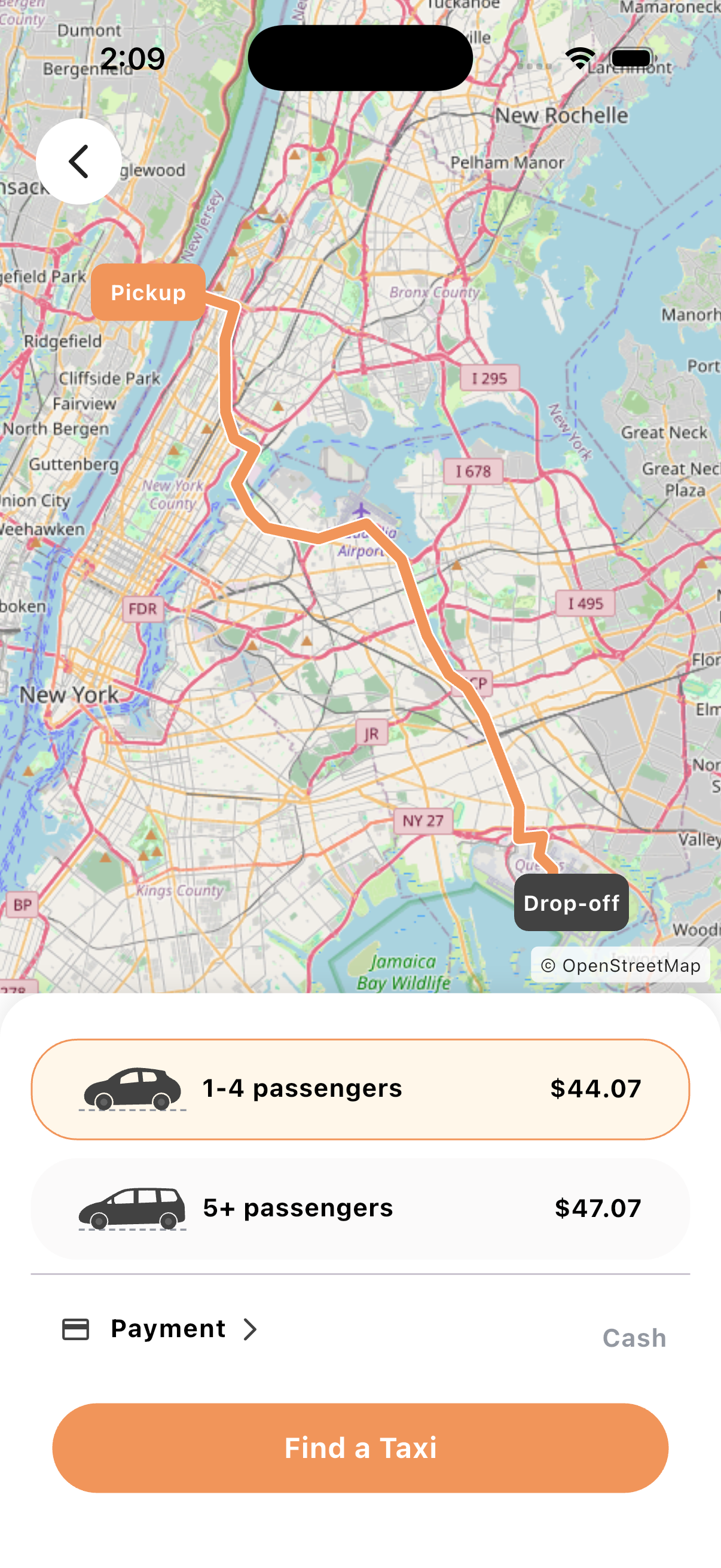 Hanin Taxi rider app showing pickup, destination, fare, and the ride request action