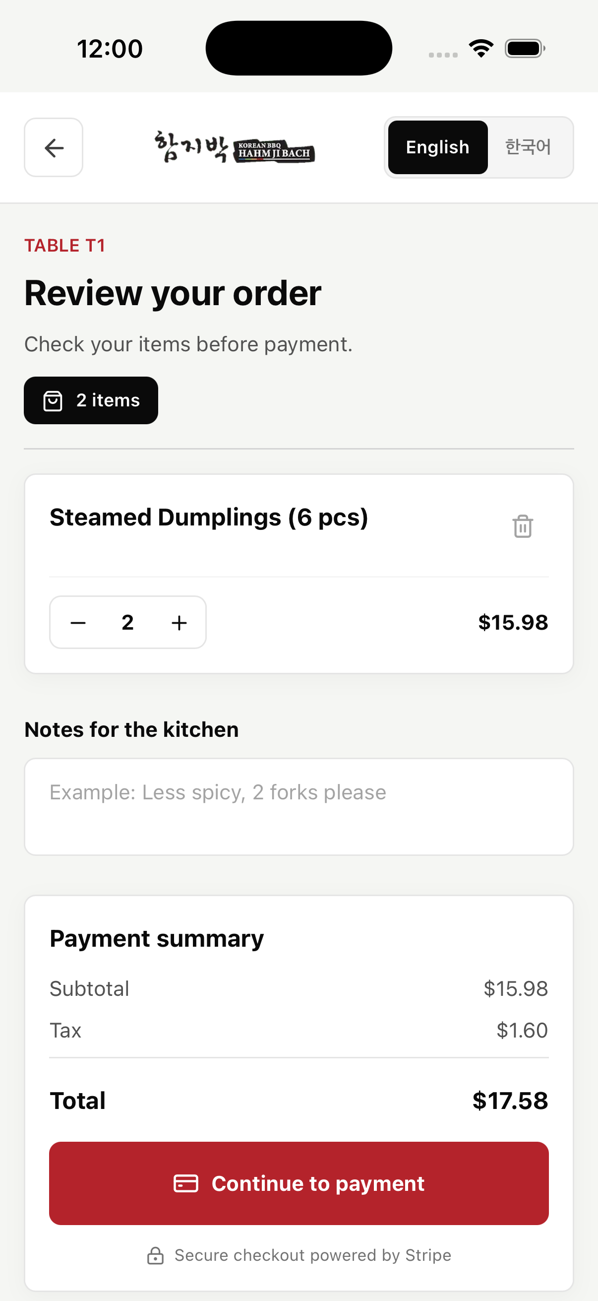 Order review with quantity controls, kitchen notes, itemized total, and Stripe checkout action