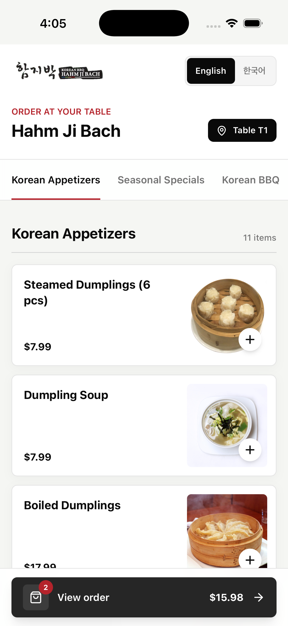 Hahm Ji Bach mobile menu with real dish photos, table T1, and a populated order
